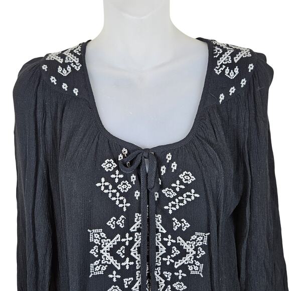Dressbarn Embroidered Blouse Gauze Tunic 3/4 Sleeve Boho Lagenlook Crinkle Tie M - Picture 2 of 15